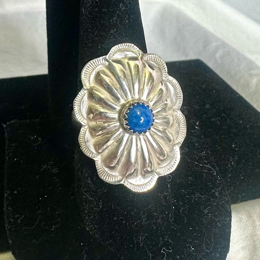 Navajo Handmade Sterling Silver & Lapis Adjustable Ring; Stamped ‘B’